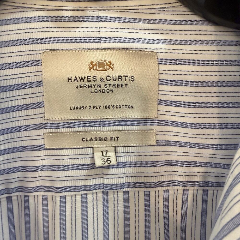 Hawes & Curtis Shirt Mens 17/36 Blue Striped Long Sleeve Classic Fit Dress Shirt